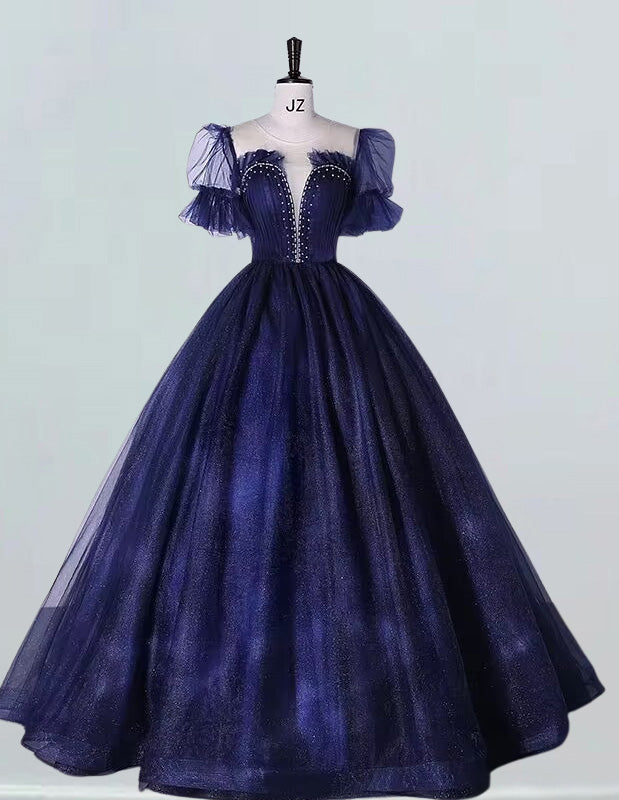 Elegant navy tulle ball gown prom dress with beading and sleeves for girls2