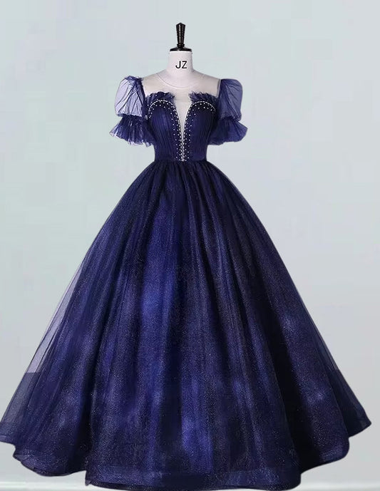 Elegant navy tulle ball gown prom dress with beading and sleeves for girls2 VIMYES