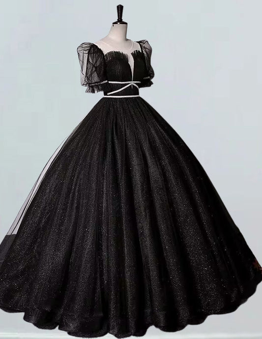 Off the shoulder black sparkle tulle ball gown for prom with pleated floor-length skirt and long evening dress style1 VIMYES