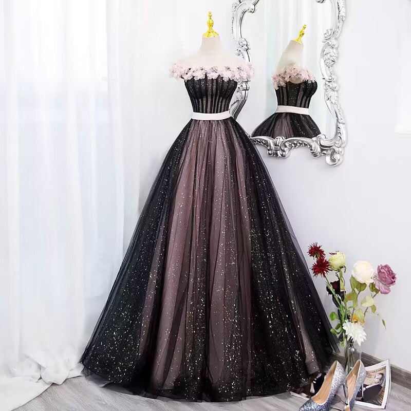 Off the shoulder 3D flower glitter tulle ball gown long evening dress