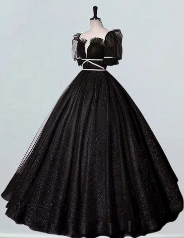 Off the shoulder black sparkle tulle ball gown for prom with pleated floor-length skirt and long evening dress style2