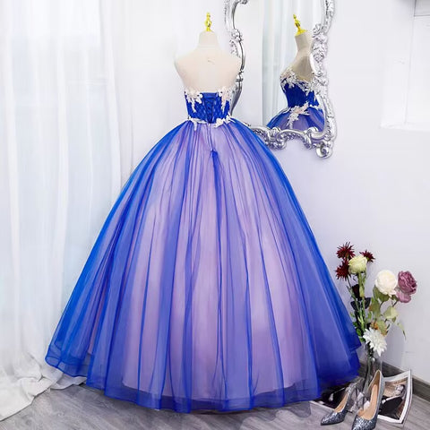 Royal blue scoop floral lace long tulle ball gown