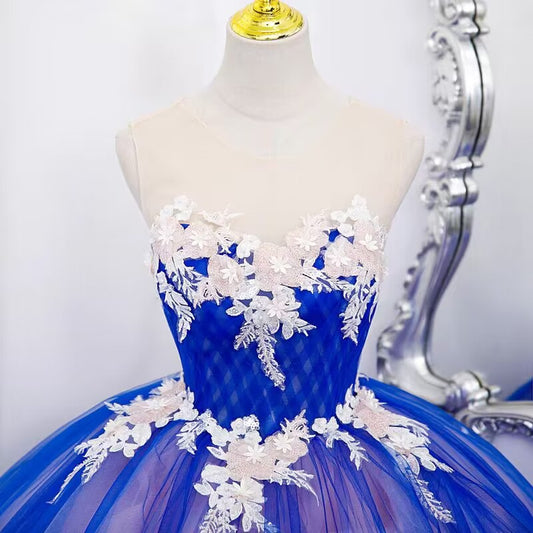 Royal blue scoop floral lace long tulle ball gown VIMYES