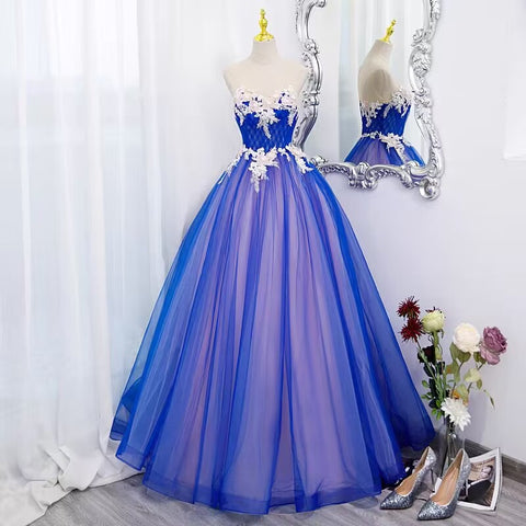 Royal blue scoop floral lace long tulle ball gown