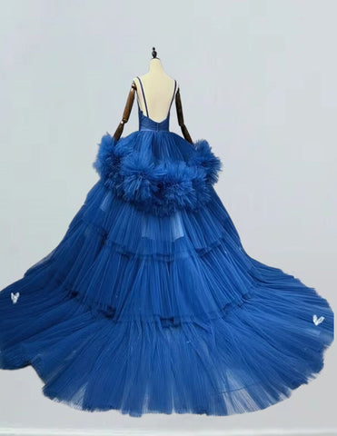 Spaghetti strap royal blue pleated long tulle ball gown