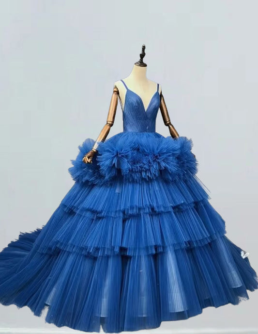 Spaghetti strap royal blue pleated long tulle ball gown VIMYES