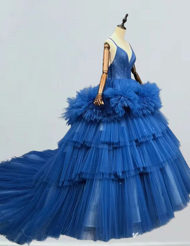 Spaghetti strap royal blue pleated long tulle ball gown