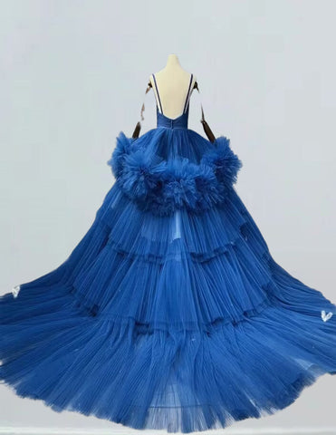 Spaghetti strap royal blue pleated long tulle ball gown