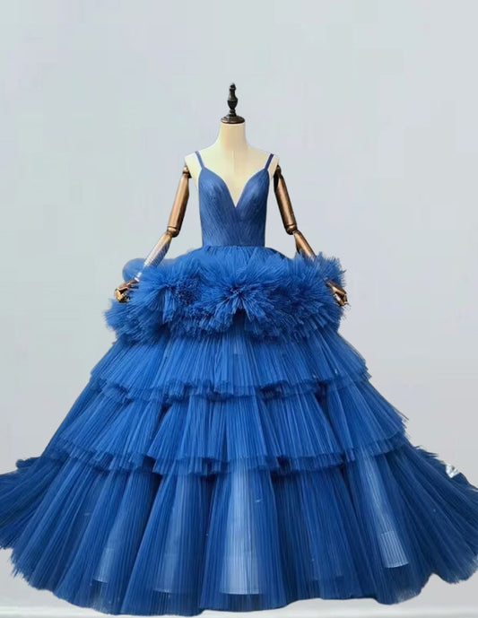 Spaghetti strap royal blue pleated long tulle ball gown VIMYES