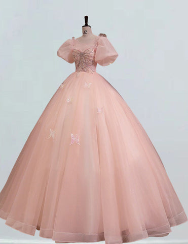 Elegant pink tulle prom dress with puff sleeves and beaded bodice for girls' formal events0