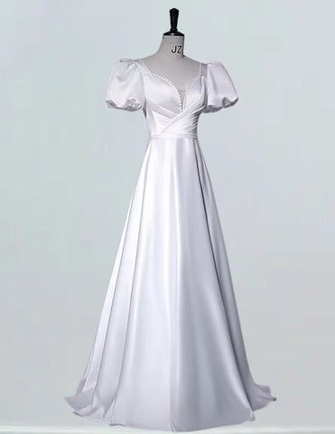 White cap sleeve pleated long bridal dress prom gown