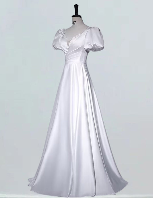 White cap sleeve pleated long prom dress VIMYES