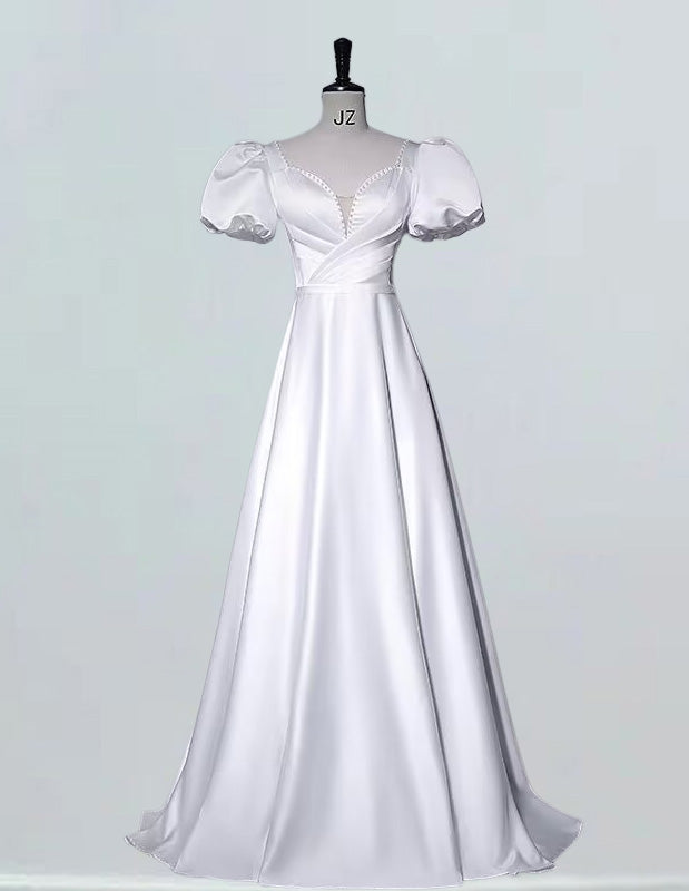 White cap sleeve pleated long bridal dress prom gown