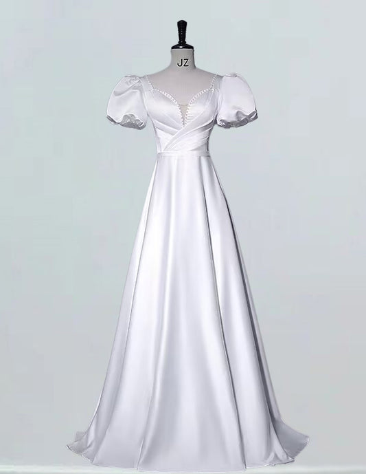 White cap sleeve pleated long bridal dress prom gown VIMYES