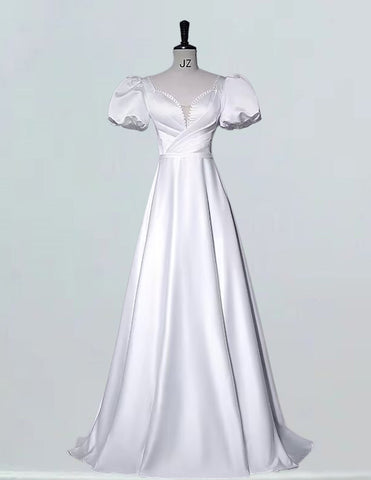 White cap sleeve pleated long bridal dress prom gown