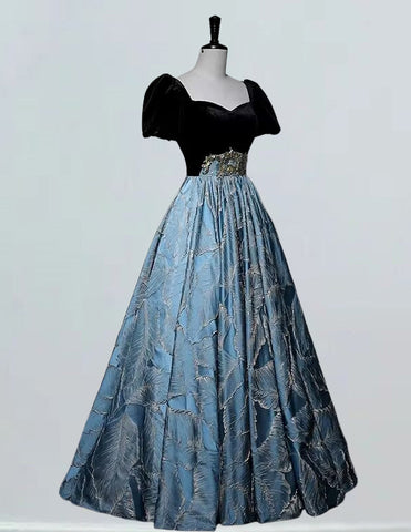 Bateau short sleeve long print satin ball gown