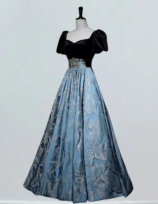 Bateau short sleeve long print satin ball gown VIMYES