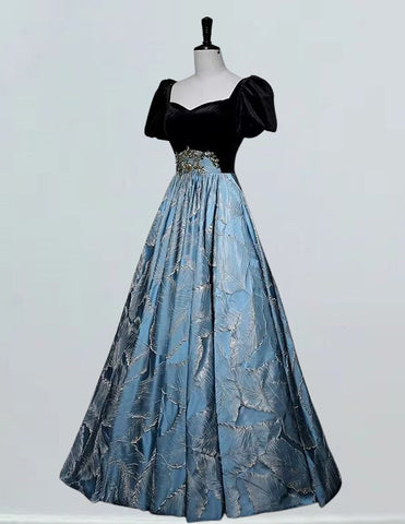 Bateau short sleeve long print satin ball gown