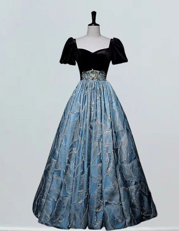 Bateau short sleeve long print satin ball gown