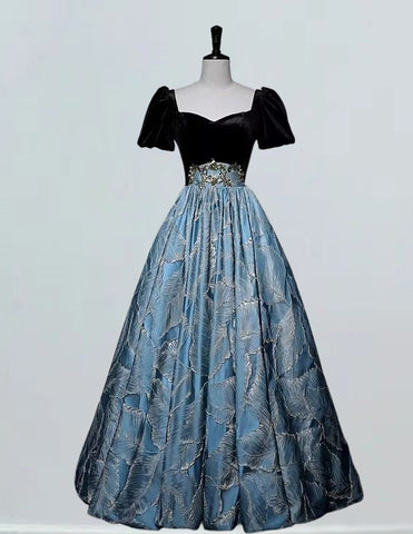 Bateau short sleeve long print satin ball gown