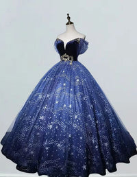 Navy Blue Off Shoulder Sparkle Tulle Ball Gown Prom Dress