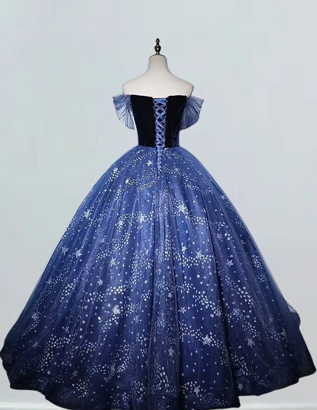 Navy Blue Off Shoulder Sparkle Tulle Ball Gown Prom Dress