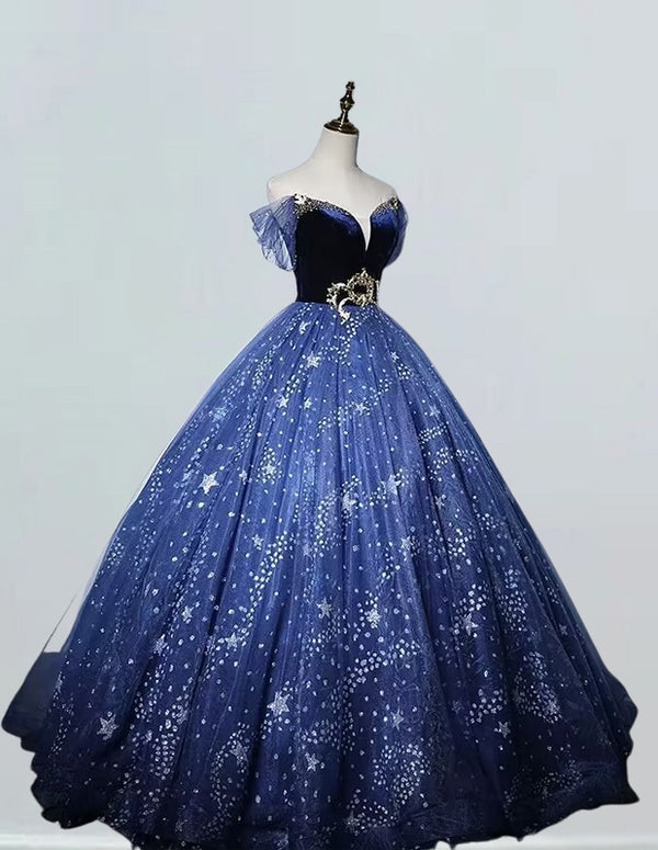 Navy Blue Off Shoulder Sparkle Tulle Ball Gown Prom Dress