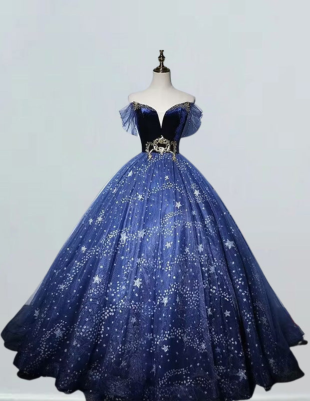 Navy Blue Off Shoulder Sparkle Tulle Ball Gown Prom Dress