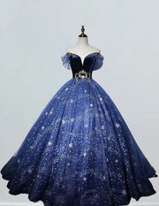Navy Blue Off Shoulder Sparkle Tulle Ball Gown Prom Dress
