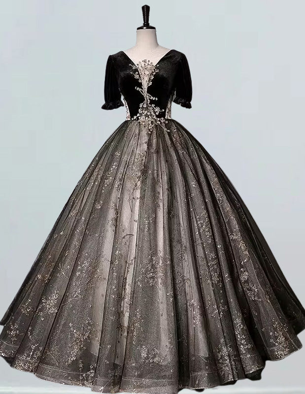 Black v neck lace applique long lace ball gown