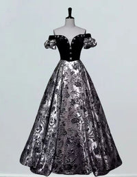 Black off the shoulder long satin ball gown