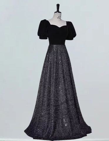 Bateau short sleeve black long sparkle ball gown