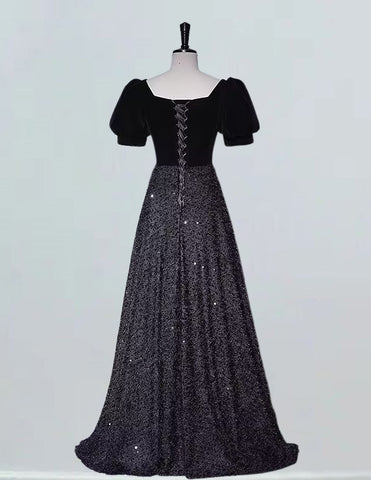 Bateau short sleeve black long sparkle ball gown