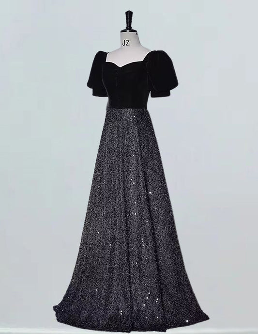 Bateau short sleeve black long sparkle ball gown VIMYES