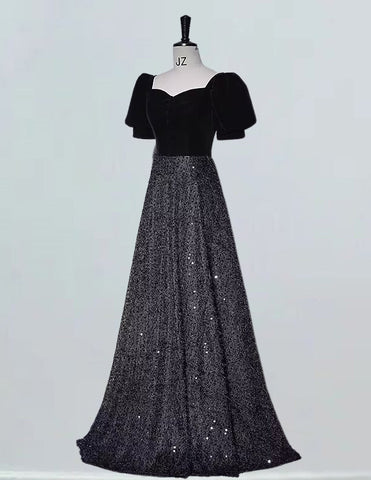 Bateau short sleeve black long sparkle ball gown