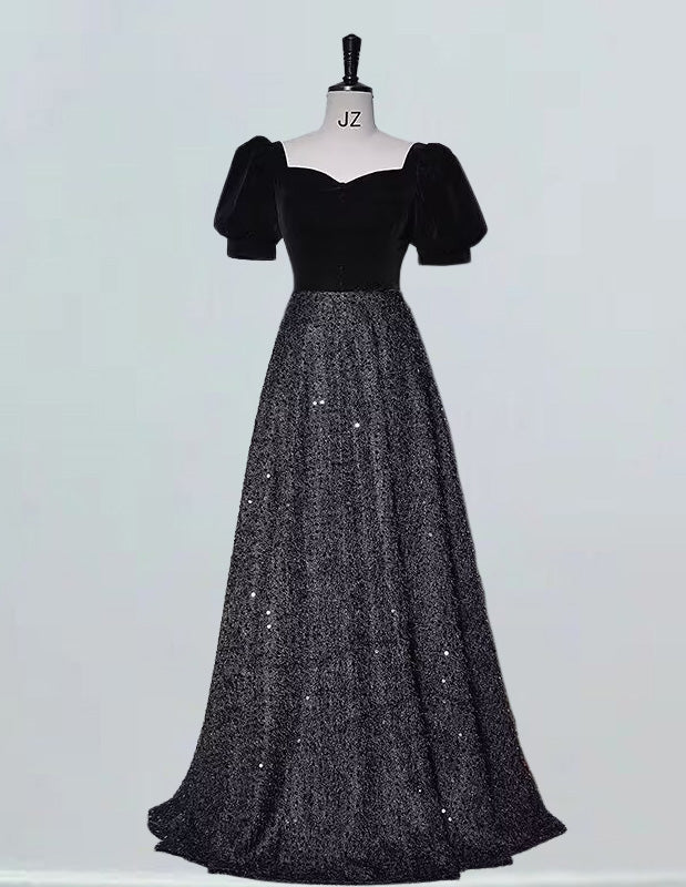 Bateau short sleeve black long sparkle ball gown