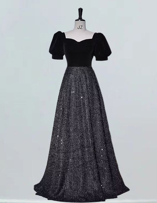 Bateau short sleeve black long sparkle ball gown VIMYES