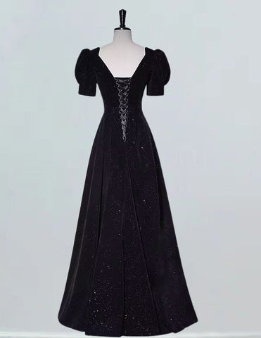 Black v neck short sleeve velvet long prom dress