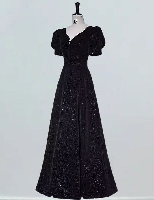 Black v neck short sleeve velvet long prom dress VIMYES