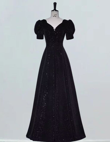 Black v neck short sleeve velvet long prom dress