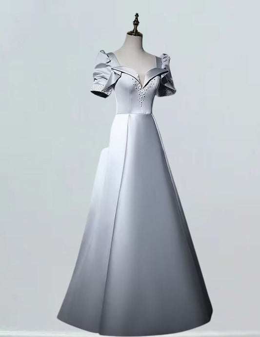 Gray boat neckline beading long satin prom dress gown VIMYES