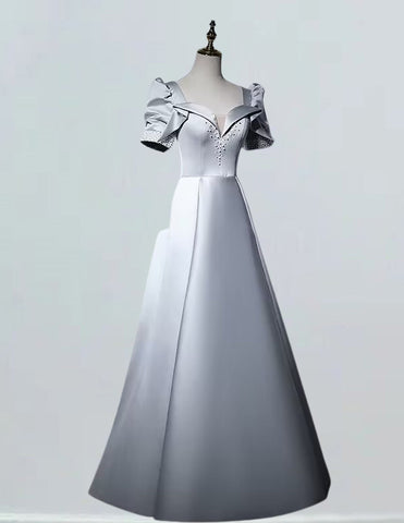 Gray boat neckline beading long satin prom dress gown