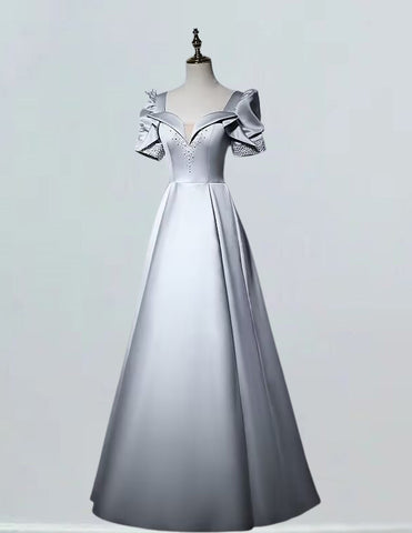 Gray boat neckline beading long satin prom dress gown