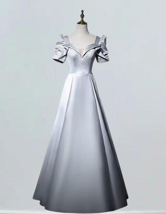 Gray boat neckline beading long satin prom dress gown VIMYES