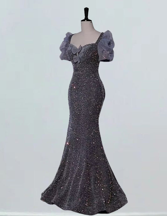 Grey scoop long mermaid sequin prom dress VIMYES