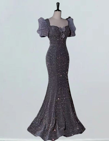 Grey scoop long mermaid sequin prom dress