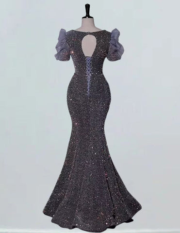 Grey scoop long mermaid sequin prom dress