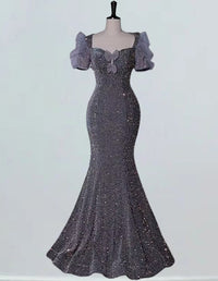 Grey scoop long mermaid sequin prom dress