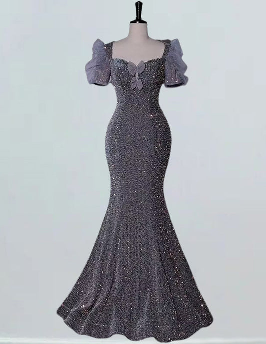 Grey scoop long mermaid sequin prom dress VIMYES