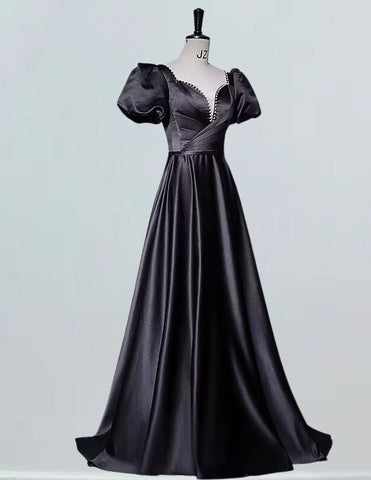 Black short sleeve long satin prom dress ball gown